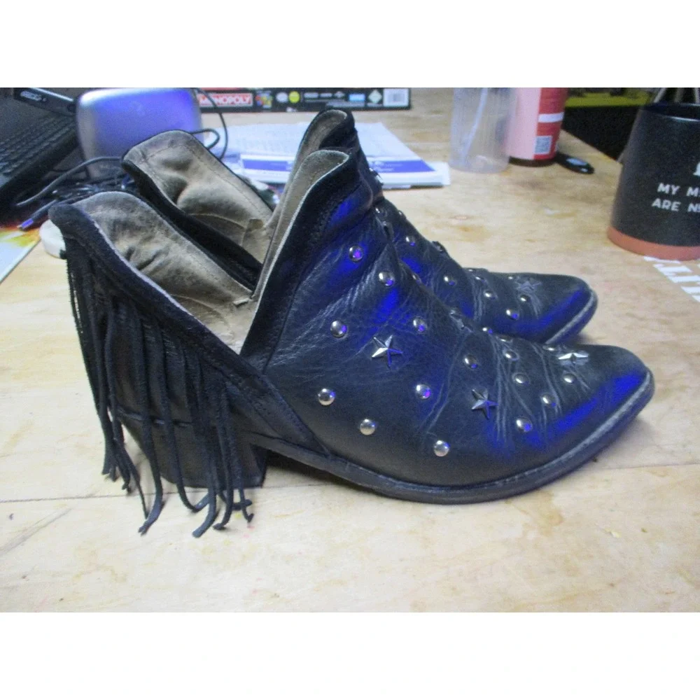 Black‎ Leather Star Studded Pointed Toe Ankle Boots Leopard Print Lining Womens